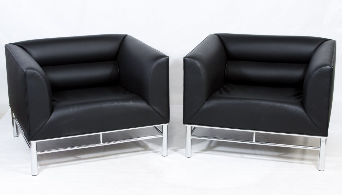 Leather and Chrome Lounge Chairs by Jack Cartwright: Leather and Chrome Lounge Chairs by Jack Cartwright Matching pair of chairs with black leather upholstery on chrome legs Height: 26.00 inches, Width: 35.00 inches, Depth: 32.00 inches Category: Furnit