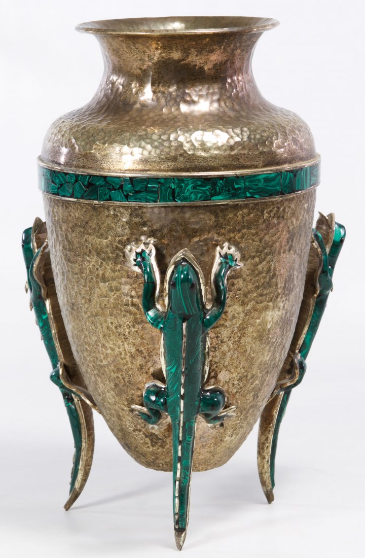 (Attributed to) Los Castillos Hammered Silverplate and: (Attributed to) Los Castillos Hammered Silverplate and Malachite Lizard Vase 20th Century, possible mark on tail, having three lizard handles Height: 11.00 inches Category: Decorative Arts > Objects S