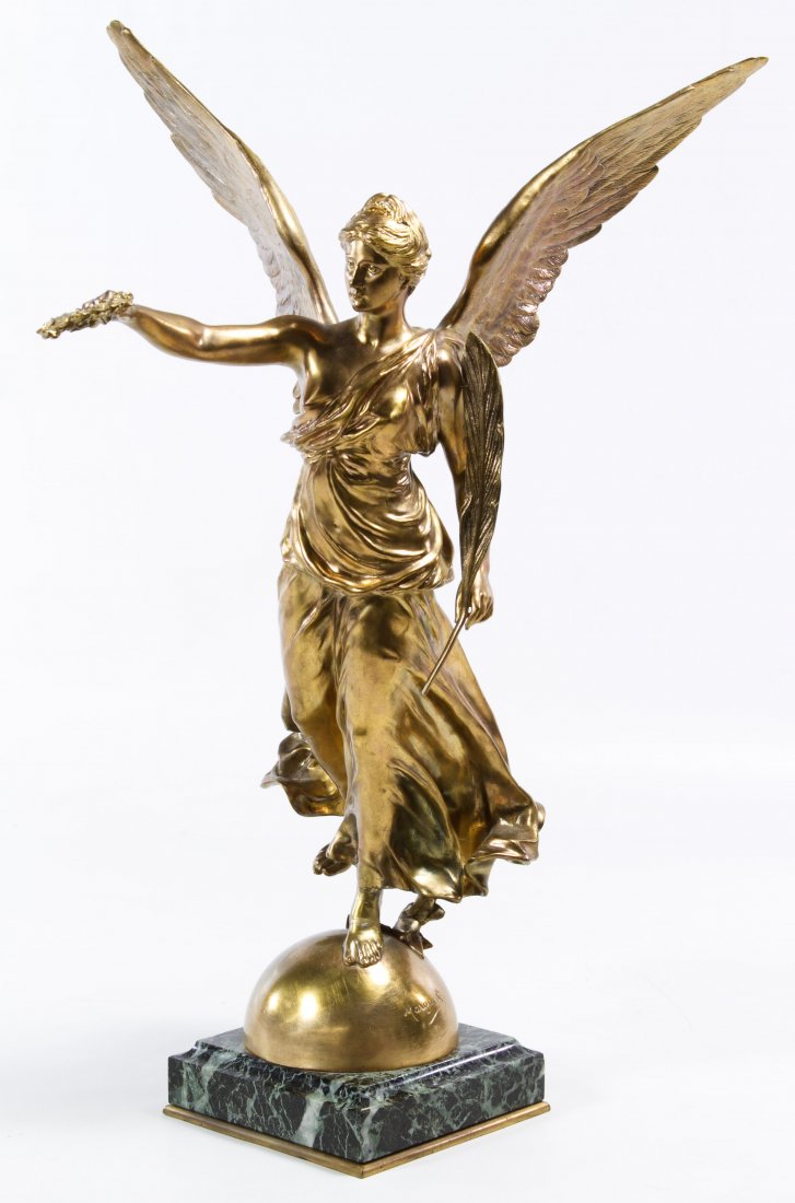 (After) Ferdinand Barbedienne (French, 1810-1892): (After) Ferdinand Barbedienne (French, 1810-1892) 'Margueste' Bronze Patina Statue 20th Century, signed and titled on the base, depicting a angel with a wreath in the right hand Height: 16.00 inches,