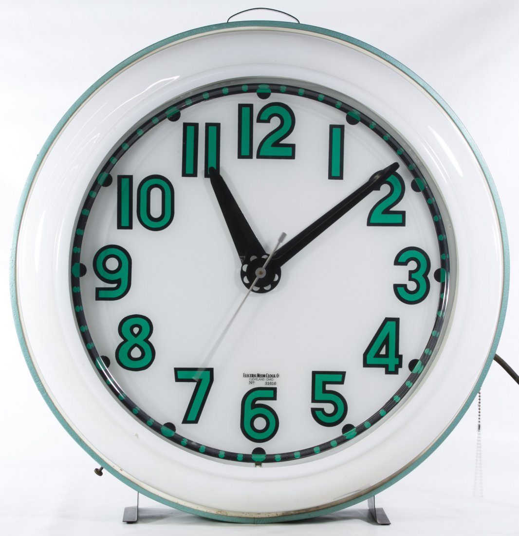 Electric Neon Clock by Electric Neon Clock Co.: Electric Neon Clock by Electric Neon Clock Co. c.1950, No.31616, produced in Cleveland, Ohio Height: 26.50 inches, Width: 25.75 inches, Depth: 6.50 inches Category: Decorative Arts > Clocks Shipping S
