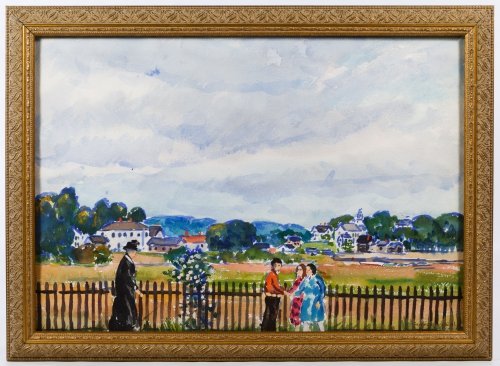 Gifford Beal (American, 1879-1956) 'Country Stroll': Gifford Beal (American, 1879-1956) 'Country Stroll' Watercolor on Paper Impressionist, undated, signed lower right, depicting people with buildings in the background Height: 13.25 inches, Width: 19.25