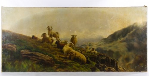 (In the style of) William H. Watson (English,: (In the style of) William H. Watson (English, 1831-1921) 'Sheep in Highlands' Oil on Canvas Undated, unsigned, depicting a large herd of goats on a mountain; pencil writing en verso Height: 18.00 inch