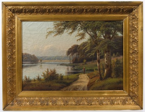 European School (19th Century) Oil on Canvas Landscape: European School (19th Century) Oil on Canvas Landscape Undated, signed lower right, depicting a figure on a road near a river landscape with white birches Height: 9.00 inches, Width: 13.00 inches (str