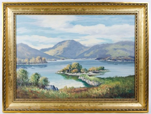William Henry Burns (Irish, 1924-1995) Oil on Canvas: William Henry Burns (Irish, 1924-1995) Oil on Canvas Undated, signed lower left, depicting water with mountains in the background Height: 20.00 inches, Width: 28.00 inches (canvas) Frame Size: 25.00 i