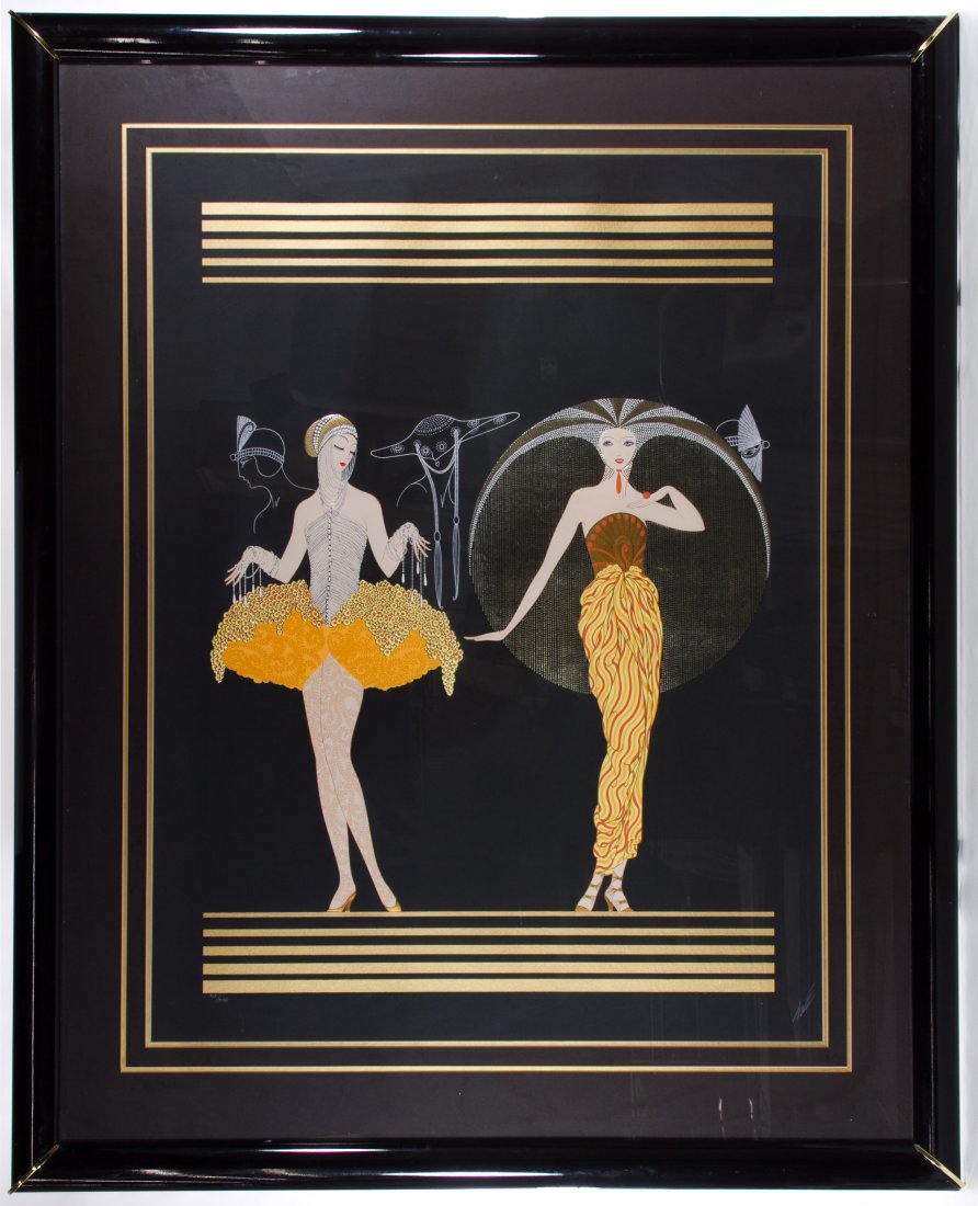 Erte (Russian, 1892-1990) 'Night and Day' Serigraph: Erte (Russian, 1892-1990) 'Night and Day' Serigraph Print c.1985, signed lower right, numbered 212/300 lower left, depicting two females; COA from Merrill Chase en verso; matted and framed Height: 37.