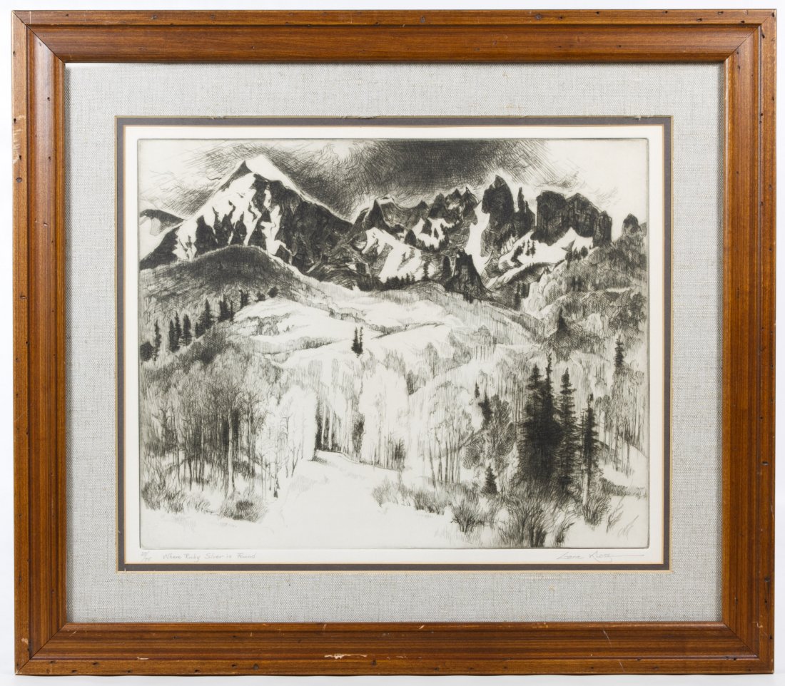 Gene Kloss (American, 1903-1996) 'Where Ruby Silver is: Gene Kloss (American, 1903-1996) 'Where Ruby Silver is Found' Etching Undated, pencil signed lower right, numbered 27/75, depicting snow covered mountains Height: 11.75 inches, Width: 14.50 inches (si