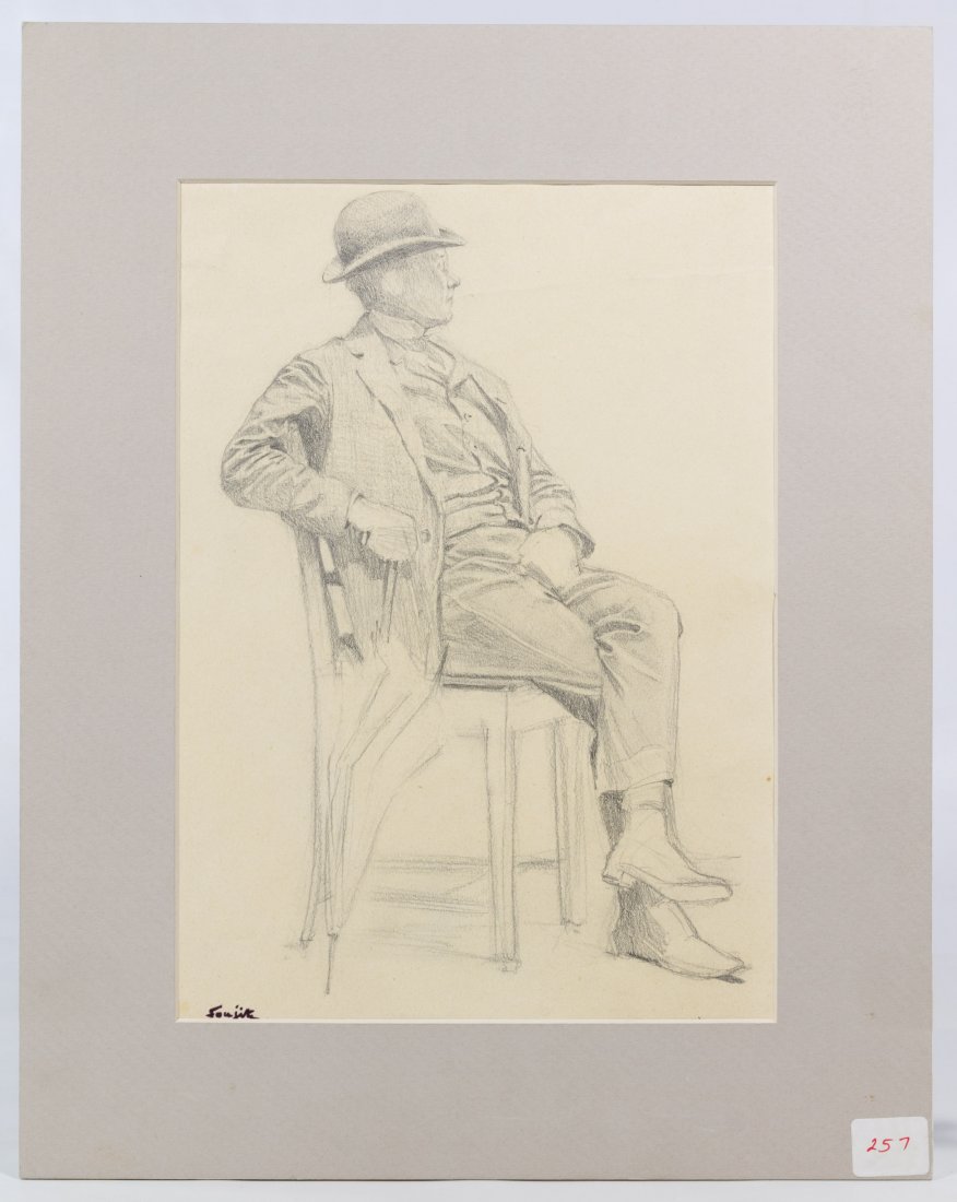 (Attributed To) Leonard Tsuguharu Foujita (French,: (Attributed To) Leonard Tsuguharu Foujita (French, 1886-1968) Pencil Sketch Undated, signed in ink lower left, depicting a seated male; matted, unframed; provenance: Leslie Hindman Auctioneers, lot #2
