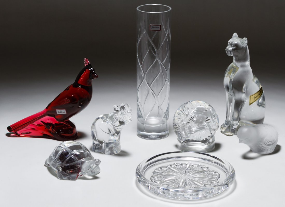 Baccarat and Steuben Glass Assortment: Baccarat and Steuben Glass Assortment Seven Baccarat marked items including turtle with original box, a round dish with box, a cat, a red bird, a vase, a white frosted bird and a paperweight; together