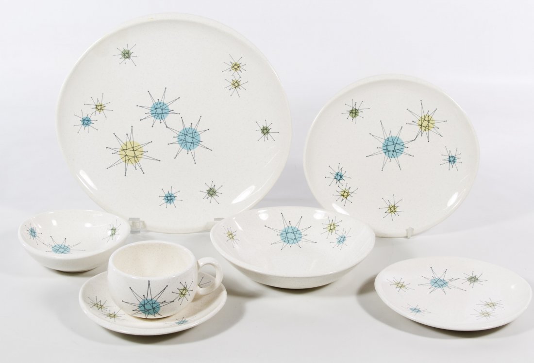 Franciscan 'Starburst' China Service: Franciscan 'Starburst' China Service Including: (10) dinner plates, (9) cups, (10) saucers, (7) salad plates, (11) dessert plates, (9) soup bowls, (8) fruit bowls, (11) serving dishes, (4) ash trays, 