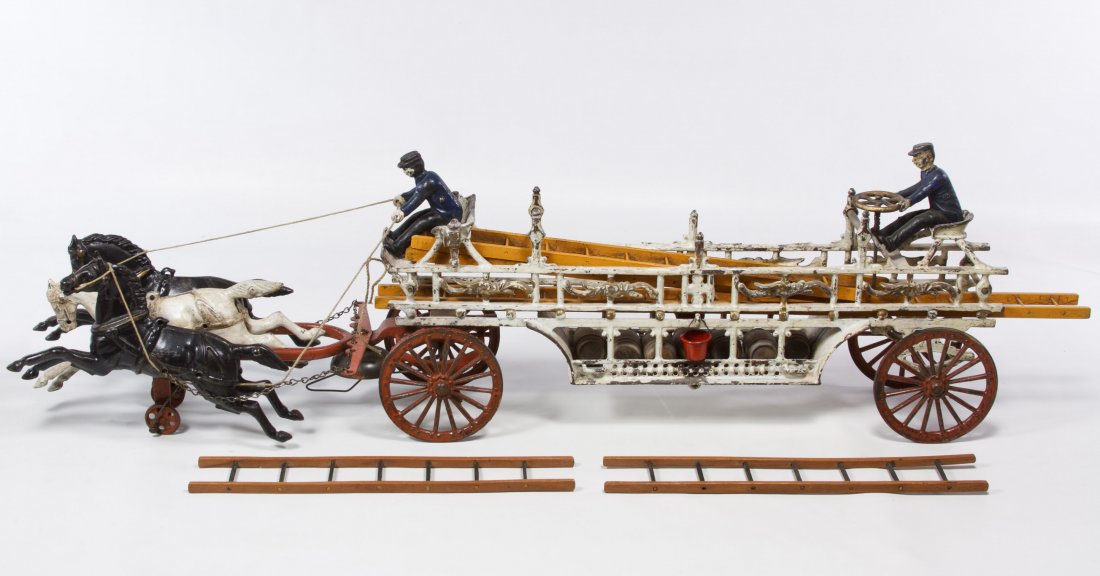 Dent Cast Iron Hook and Ladder Fire Wagon: Dent Cast Iron Hook and Ladder Fire Wagon Having three horses, two drivers, five ladders and wooden barrels Length: 31.00 inches (wagon and horses together) Category: Toys and Dolls > Antique Toys Shi
