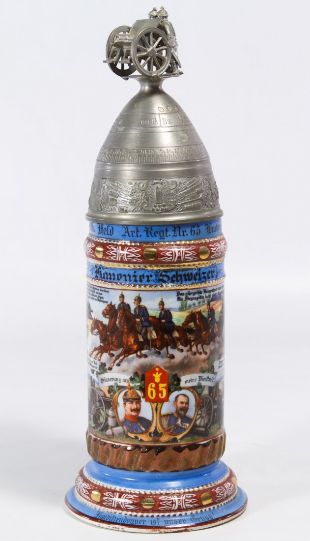 German Porcelain Regimental Lithophane Stein: German Porcelain Regimental Lithophane Stein Early 20th Century, having a porcelain body and pewter lid; interior image depicts a male soldier with his hand on the shoulder of a female Height: 12.00 i