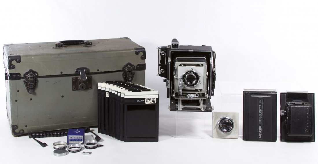 Graflex Crown Graphic Large Format Camera: Graflex Crown Graphic Large Format Camera Serial #890310, having a Kalart Synchronized Range Finder; together with ten 4x5 film holders, extra lens and a case by Graflex Height: 11.50 inches, Width: 1