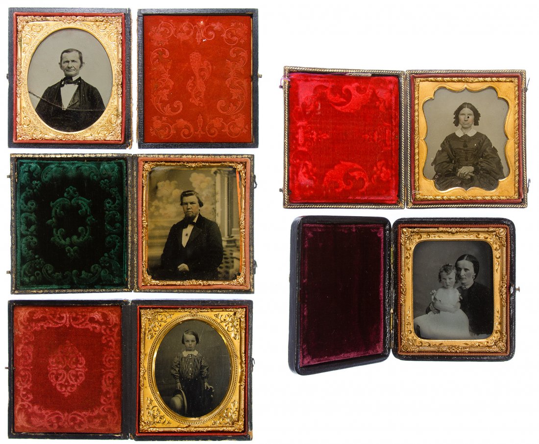 Civil War Era Ambrotype Assortment: Civil War Era Ambrotype Assortment Including five 1/6 plate photographs of men, women and children; all in full cases Height: 2.75 inches, Width: 2.25 inches (photograph) Category: Books & Ephemera > 
