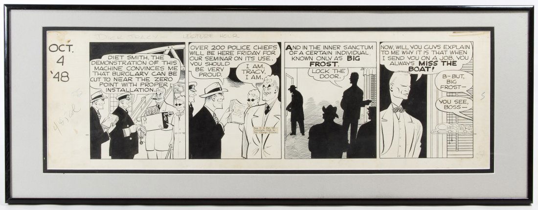 Chester Gould (American, 1900-1985) 'Dick Tracy' Pen on: Chester Gould (American, 1900-1985) 'Dick Tracy' Pen on Paper Comic Strip Drawing 1948, signed fourth panel, entitled 'Dick Tracy Lecture Hour', 1990 COA from The Autograph Gallery en verso Height: 7.
