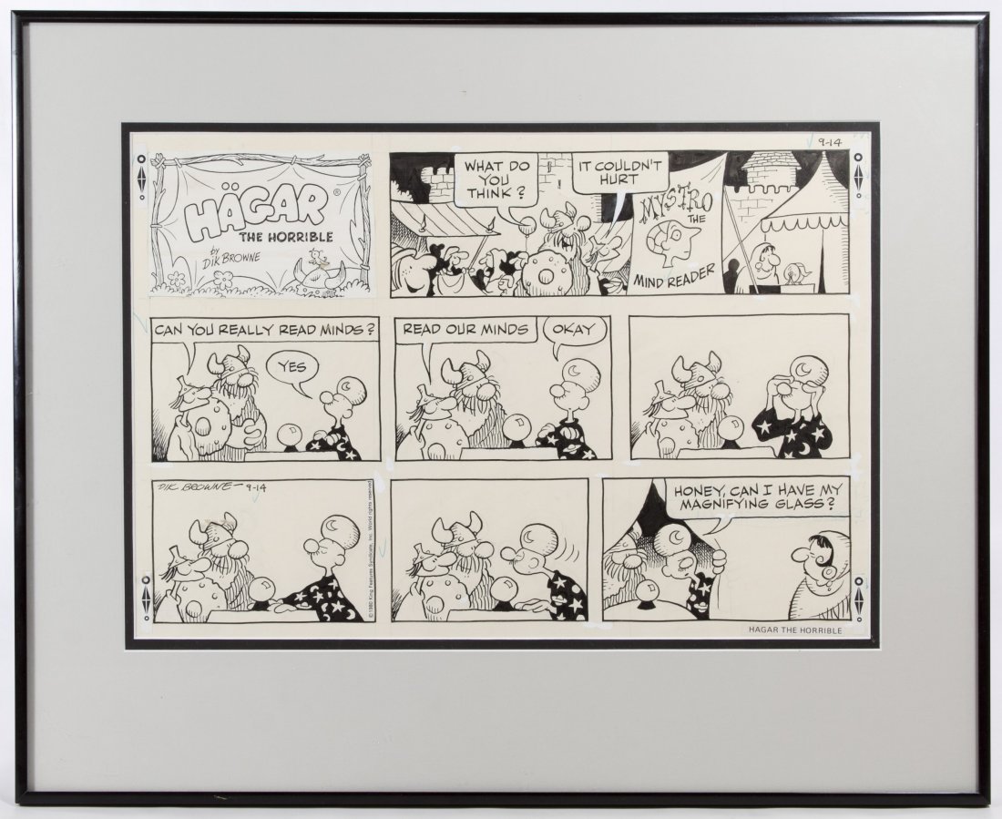 Dik Browne (American, 1917-1989) 'Hagar the Horrible': Dik Browne (American, 1917-1989) 'Hagar the Horrible' Pen on Paper Comic Strip Drawing 1980, signed lower left, seven panels published by King Features Syndicate Height: 11.00 inches, Width: 16.00 inc