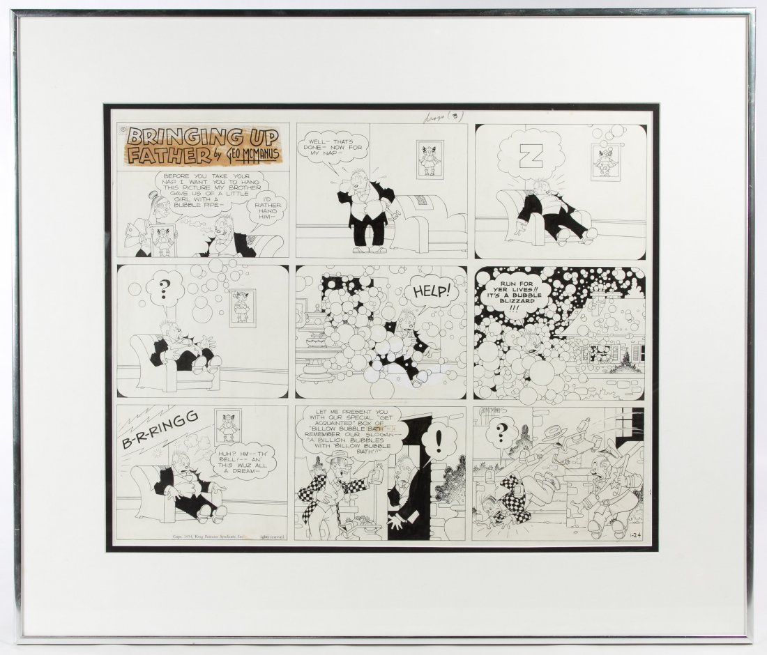 George McManus (American, 1882-1954) 'Bringing Up: George McManus (American, 1882-1954) 'Bringing Up Father' Ink on Paper Comic Strip Drawing 1954, signed lower right, nine panels published by King Features Syndicate Height: 14.50 inches, Width: 18.00