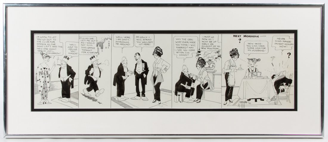George McManus (American, 1882-1954) 'Bringing Up: George McManus (American, 1882-1954) 'Bringing Up Father' Ink on Paper Comic Strip Drawing Undated, signed lower right, five panels Height: 6.00 inches, Width: 20.50 inches Frame Size: 10.25 inches by