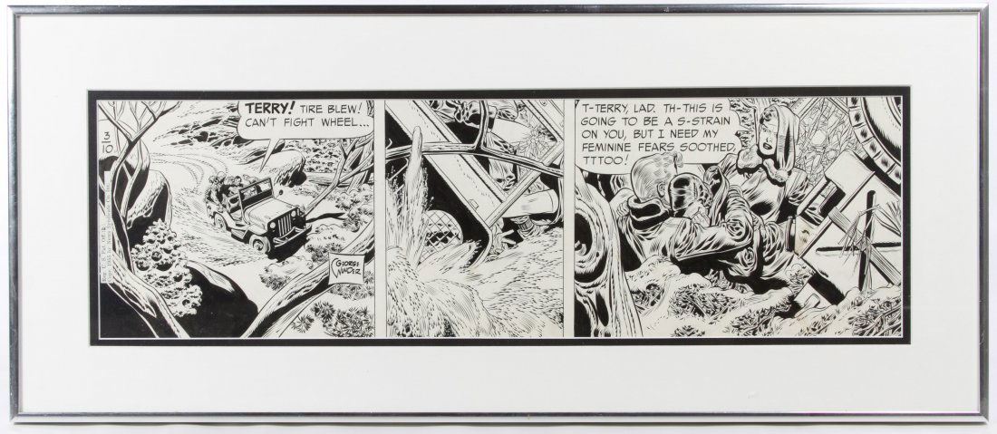 George Wunder (American, 1907-1987) 'Terry and the: George Wunder (American, 1907-1987) 'Terry and the Pirates' Pen on Paper Comic Strip Drawing 1955, signed first panel, published by News Syndicate Height: 6.75 inches, Length: 21.50 inches Frame Size: