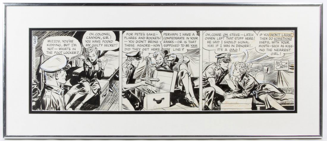Milton Caniff (American, 1907-1988) 'Steve Canyon' Pen: Milton Caniff (American, 1907-1988) 'Steve Canyon' Pen on Paper Comic Strip Drawing 1958, signed lower right, three panels published by Field Enterprises, no COA Height: 7.00 inches, Width: 21.00 inch
