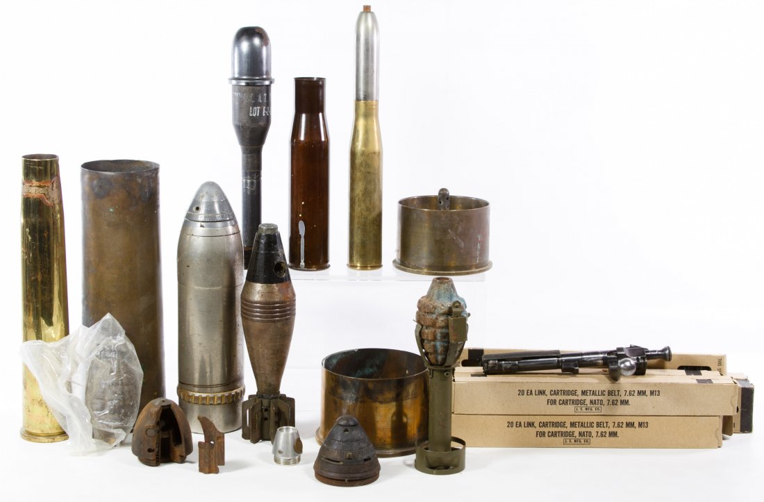 Military Ordinance Assortment: Military Ordinance Assortment Including shells, projectiles, grenades and cartridge links Height: 11.50 inches, Diameter: 4.00 inches (largest shell) Category: Military & Weapons > World War II Shippi