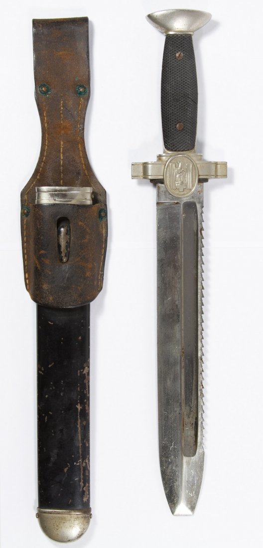 World War II German Red Cross Enlisted Man's Hewer: World War II German Red Cross Enlisted Man's Hewer c.1942, having a blunted blade with saw back, in original scabbard with leather frog; marked 'GES. Geschutzt' on blade Length: 16.50 inches (includes