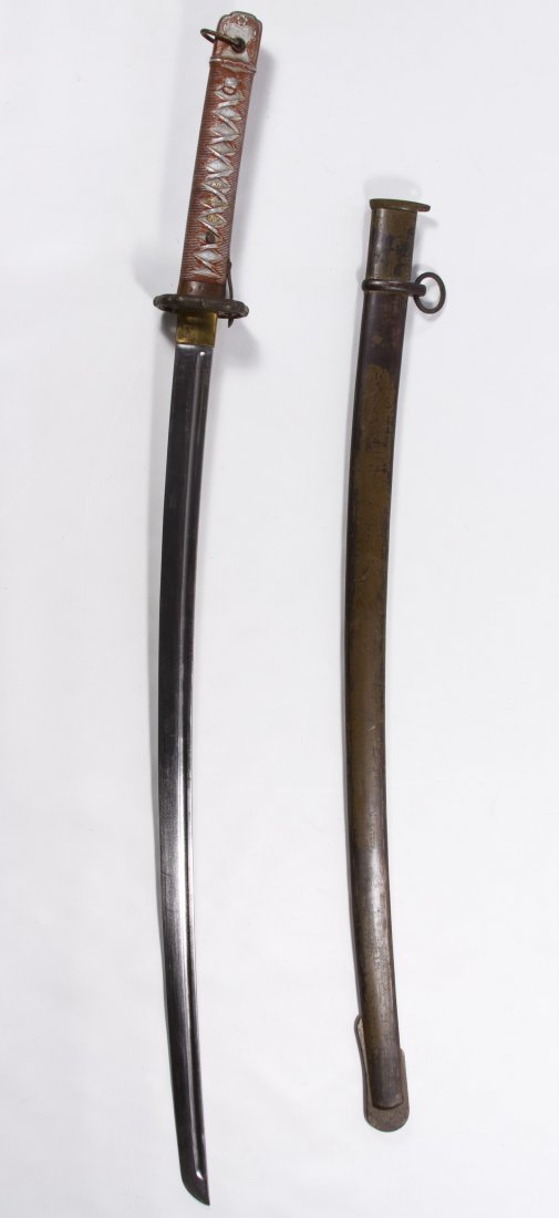 World War II Japanese NCO Officer Katana Sword and: World War II Japanese NCO Officer Katana Sword and Scabbard Serial #136232, having a brass tsuba; stamped marks on the handle Length: 38.00 inches (includes scabbard) Category: Military & Weapons > Wo
