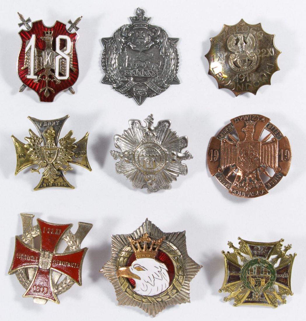 World War II Era Polish Badge and Medal Assortment: World War II Era Polish Badge and Medal Assortment Eight including examples from the war with the Soviet Union; together with a World War II Era Lithuanian White Russian Front Badge Width: 2.00 inches