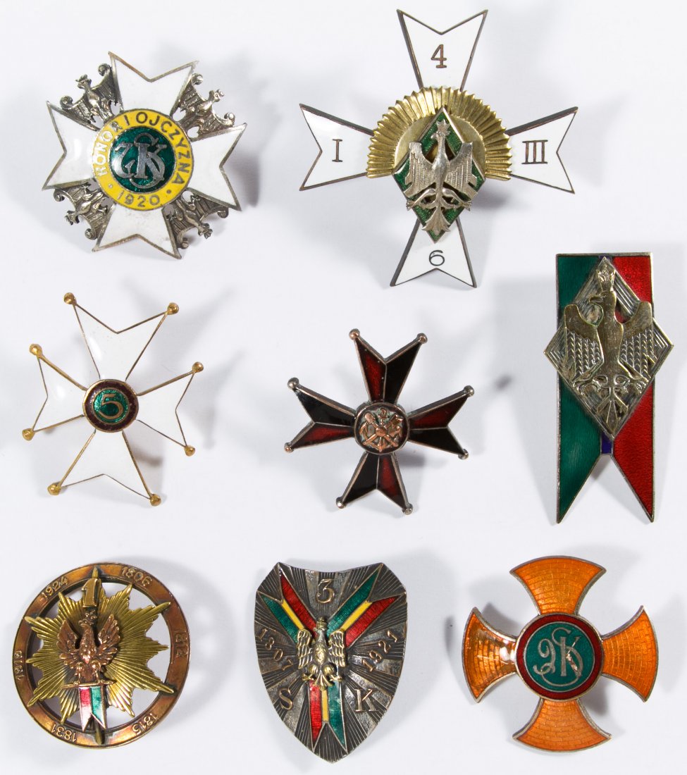 World War II Era Polish Mounted Rifle Badge Assortment: World War II Era Polish Mounted Rifle Badge Assortment Seven badges from the 1st Mountain Rifles, 2nd, 3rd, 5th, 6th, 7th and 9th; together with a World War II Era Polish Cavalry Pioneer Eng. Badge Wi