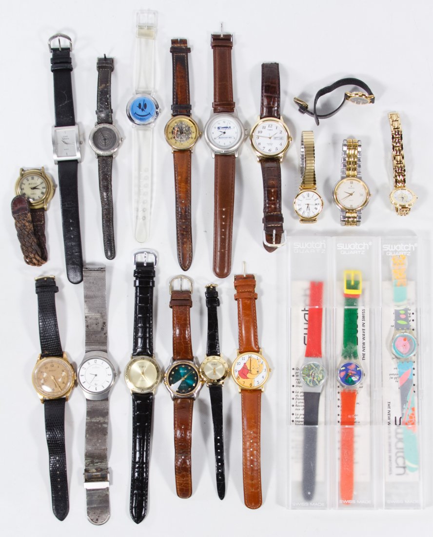 Wrist Watch Assortment: Wrist Watch Assortment Including twenty wrist watches with examples from Skagen, Chronographe Suisse, Timex, Fossil, Swatch and Relic Length: 9.50 inches (Skagen) Category: Jewelry & Timepieces > Watc