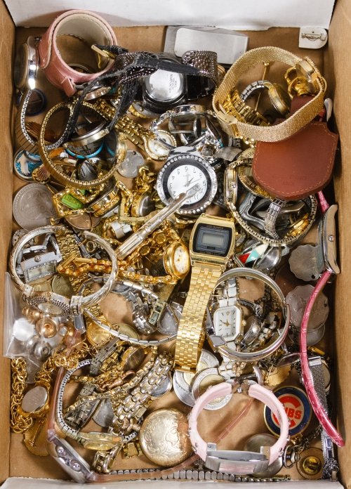 Costume Wrist Watch Assortment: Costume Wrist Watch Assortment Including Trend Z, Quartz, LA Express and Timex watches; together with pins, cufflink buttons, a Heigrade pocket watch and foreign coins Category: Jewelry & Timepieces >