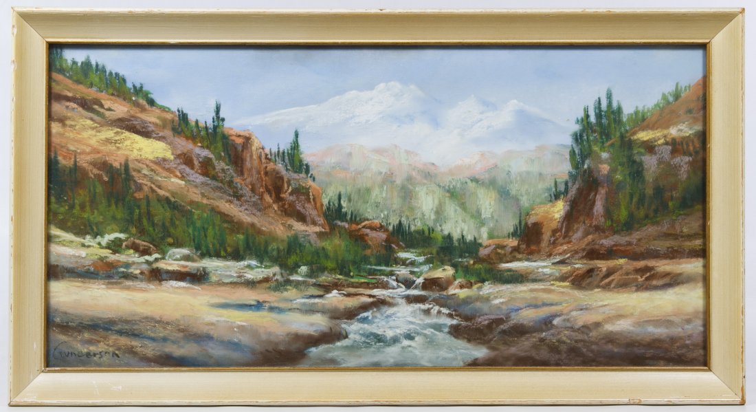 Andrew Severin Gunderson (American, 1888-1964) Pastel: Andrew Severin Gunderson (American, 1888-1964) Pastel on Paper Undated, signed lower right, depicting a mountain stream Height: 9.50 inches, Width: 19.00 inches (sight) Frame Size: 11.50 inches by 21.