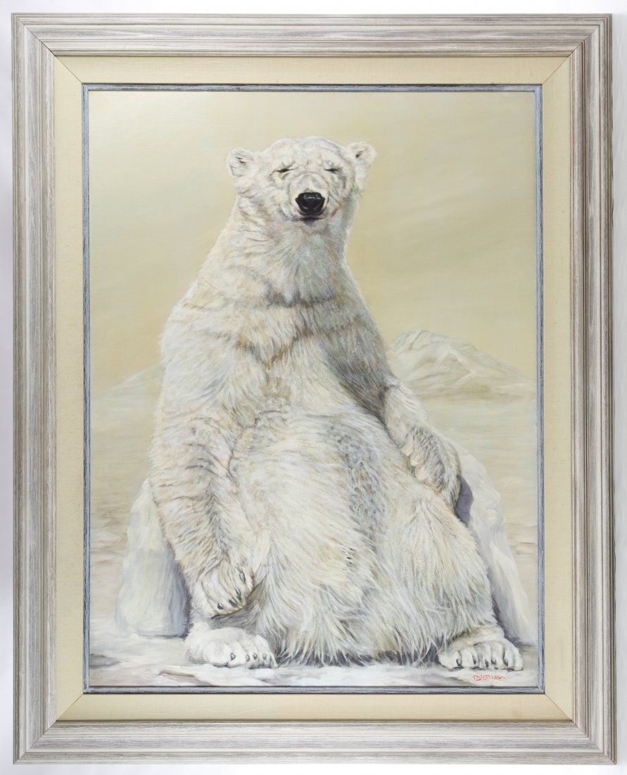 Unknown Artist (20th Century) 'Polar Bear' Oil on: Unknown Artist (20th Century) 'Polar Bear' Oil on Canvas Undated, signed lower right, depicting a seated polar bear Height: 39.50 inches, Width: 29.50 inches (sight) Frame Size: 49.50 inches by 39.50