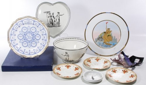 Porcelain Assortment: Porcelain Assortment Including a Spode 'The Service of Passover' collector plate with original box, a 1990 Statue of Liberty plate, two Greil reproduction plates by Mottahedeh, three Royal Albert dess