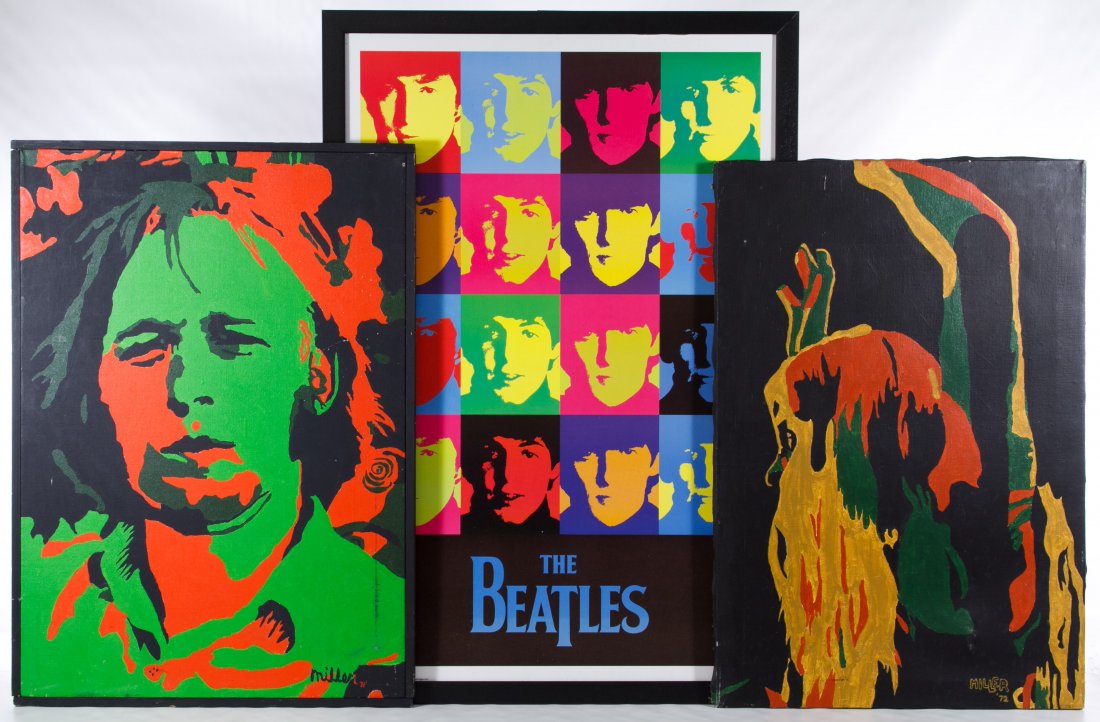 Rock Star Painting and Poster Assortment: Rock Star Painting and Poster Assortment Three items including a Beatles poster and two Steve Miller Paintings Height: 35.75 inches, Width: 23.75 inches (sight Beatles poster) Frame Size: 38.25 inches