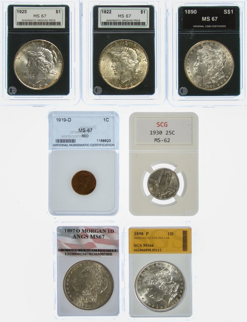 Morgan and Peace $1 Assortment: Morgan and Peace $1 Assortment Including: 1890, 1897-O, 1898, 1922, 1925; together with a 1930 25c and 1919-D 1c Category: Dollars > Morgan Dollar Mixed Lots Shipping Status: Leonard Auction, Inc. wil