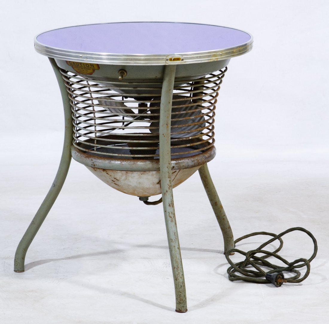 Art Deco Heater Fan Table by Wash Co Inc.: Art Deco Heater Fan Table by Wash Co Inc. Havinga blue mirrored top and original cord Height: 23.00 inches, Diameter: 20.00 inches Category: Furniture > American Shipping Status: Due to size, weight,
