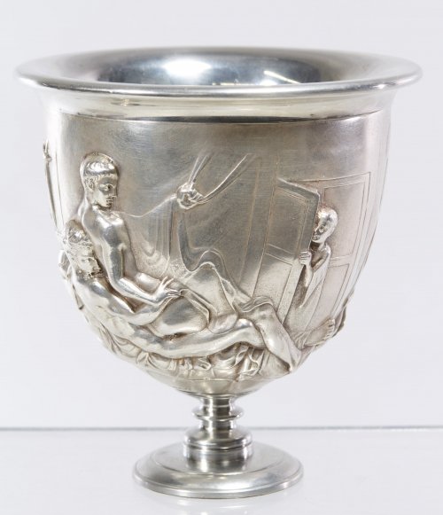 Silverplate 'Warren Cup' Erotic Vessel: Silverplate 'Warren Cup' Erotic Vessel c.2000 weighted reproduction by Visibility Arts of the Roman era homo-erotic 'Warren Cup' in the British Museum Height: 4.50 inches, Diameter: 4.25 inches Catego
