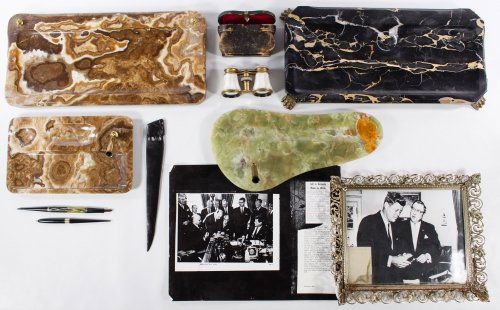 Alabaster Desk Set Assortment: Alabaster Desk Set Assortment Including four carved stone desk sets with some having pen holders, a Waterman fountain pen, a pair of Bartholdi Paris marked opera glasses in original leather case and a