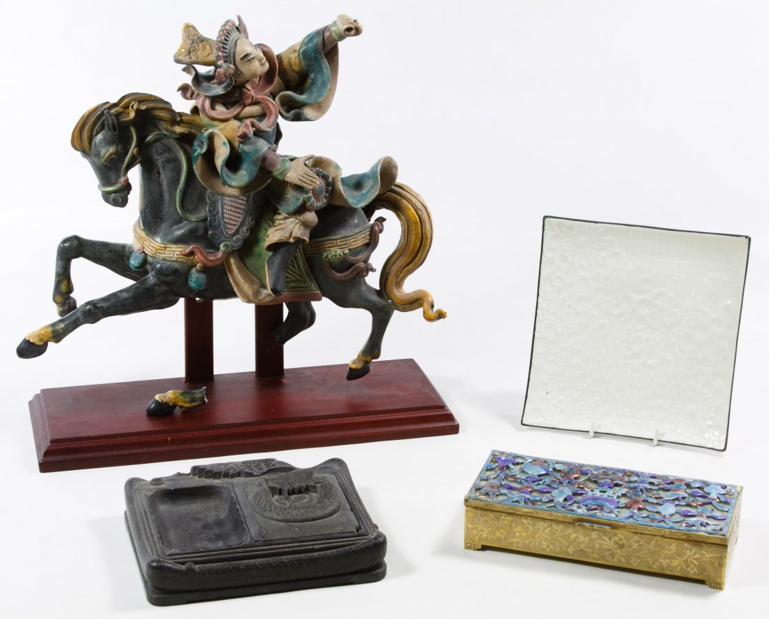 Asian Decorative Assortment: Asian Decorative Assortment Four items including a ceramic horse and rider with an incised mark en verso, a 'Made in China' brass box with ceramic and jadeite jade lid, a Korean soapstone cigarette bo