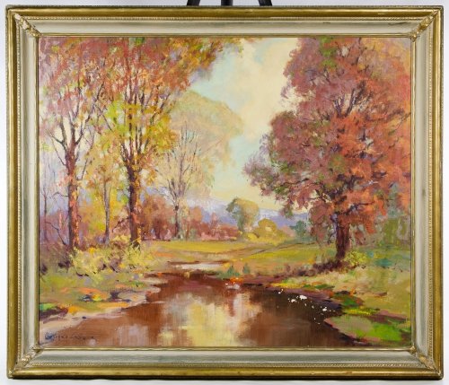 Georges La Chance (American 1888-1964) 'The Creek' Oil: Georges La Chance (American 1888-1964) 'The Creek' Oil on Canvas c.1946, signed lower left, depicting an autumn landscape; together with the Marshall Field & Company receipt and label en verso Height: