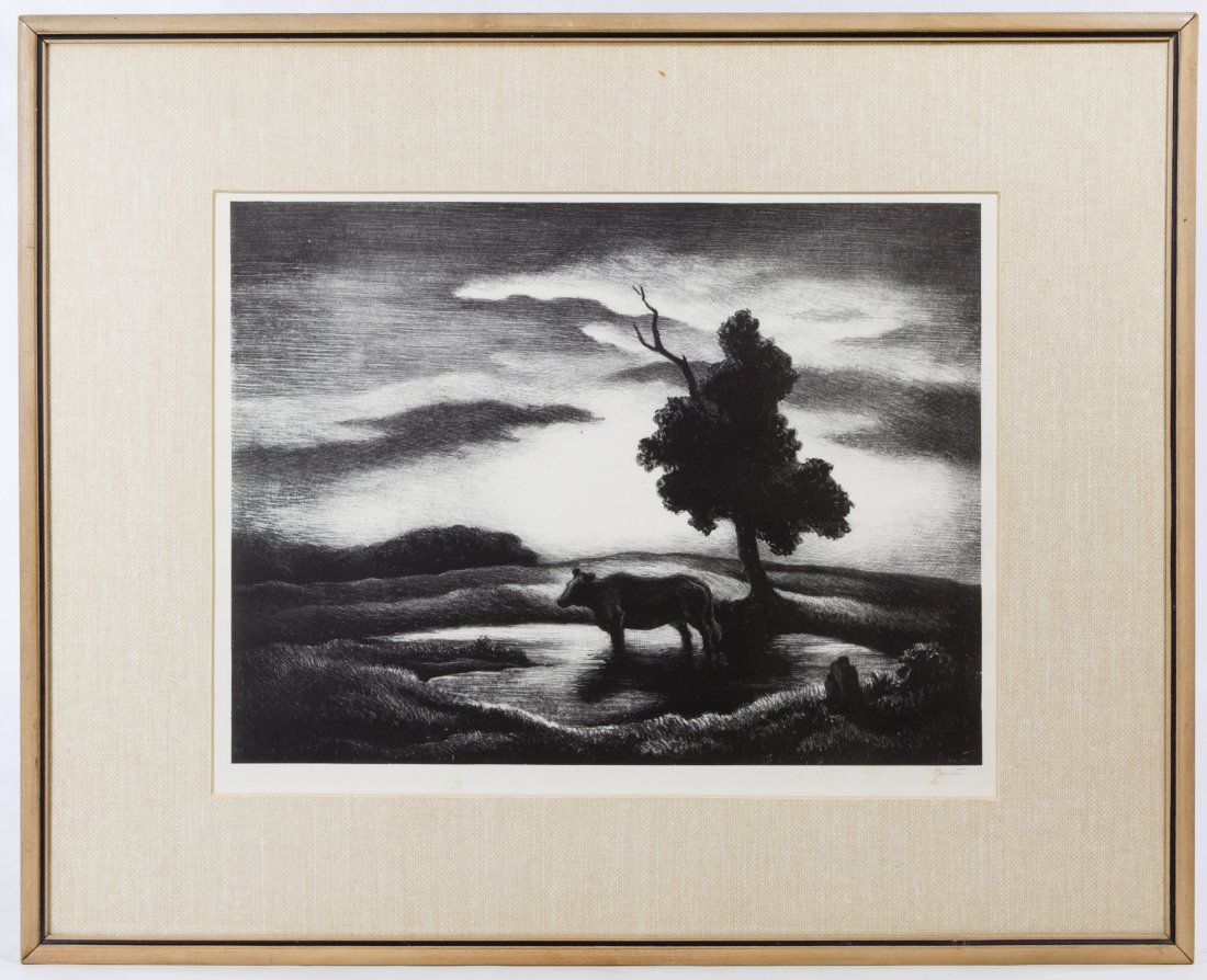 Thomas Hart Benton (American, 1889-1975) 'Sunset': Thomas Hart Benton (American, 1889-1975) 'Sunset' Lithograph Undated, pencil signed lower right, depicting a cow standing by a tree Height: 10.50 inches, Width: 13.75 inches (sight) Frame Size: 16.75 