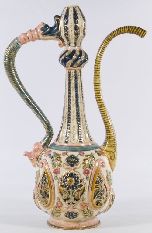 Fischer Budapest Porcelain Ewer: Fischer Budapest Porcelain Ewer Having polychrome decoration and mark on underside Height: 18.00 inches Category: Porcelain & Ceramics > Bavarian Shipping Status: Due to size, weight, value or shippin