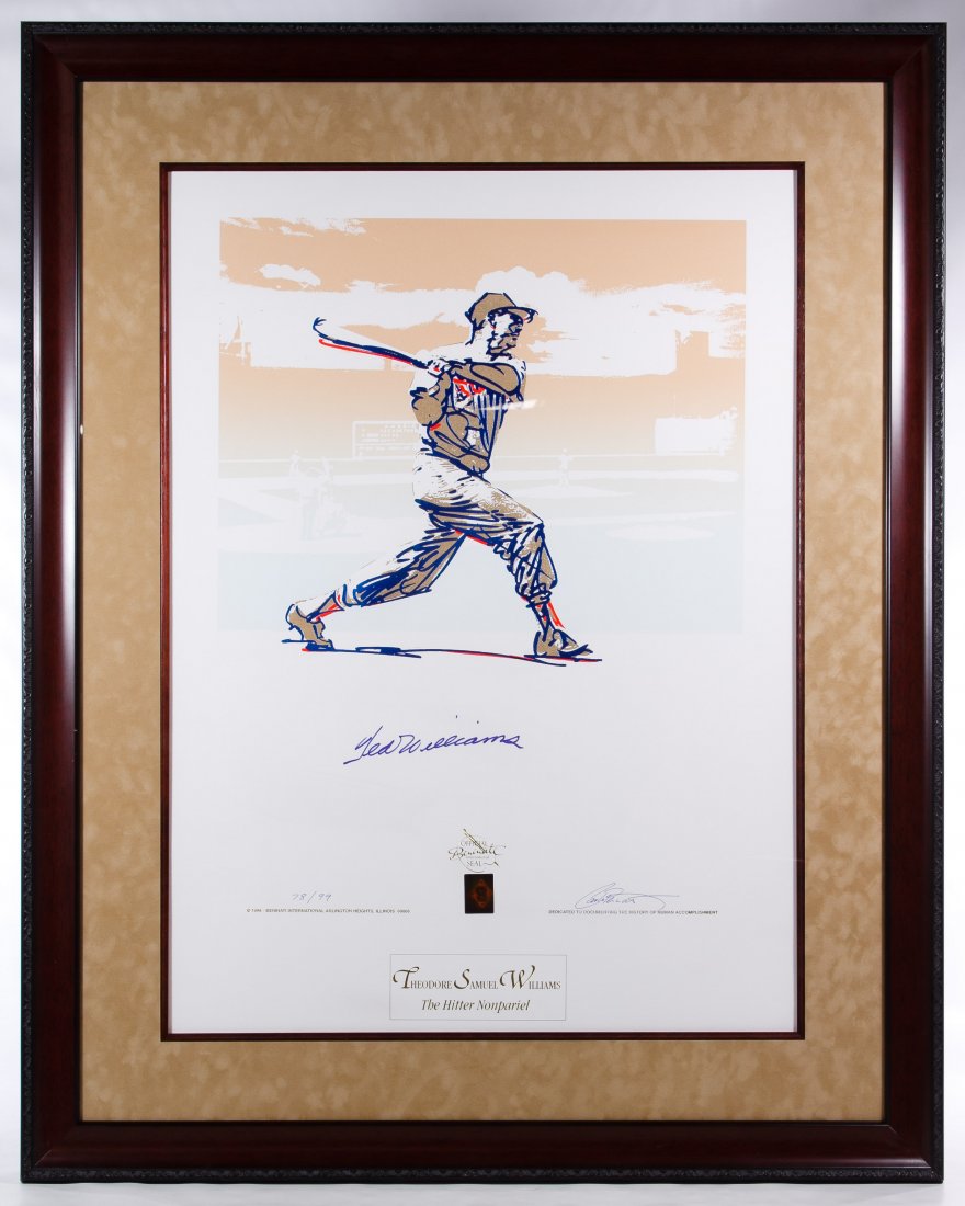 Carlo Beninati (American, b.1942) 'Ted Williams': Carlo Beninati (American, b.1942) 'Ted Williams' Lithograph 1996, signed by artist lower right, signed by Ted Williams center, numbered 78/99; with a COA from Green Diamond Sports, Inc. en verso; fram