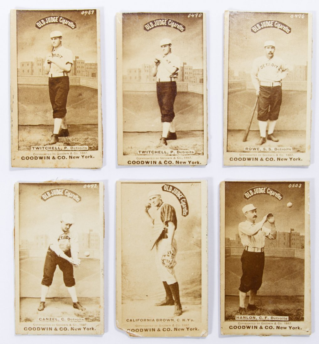 Goodwin & Co 'Old Judge' Detroit Baseball Tobacco Card: Goodwin & Co 'Old Judge' Detroit Baseball Tobacco Card Assortment Six player cards of Canzel, California Brown, Rowe, Hanlon and two of Twitchell Height: 2.50 inches, Width: 1.75 inches Category: Coll