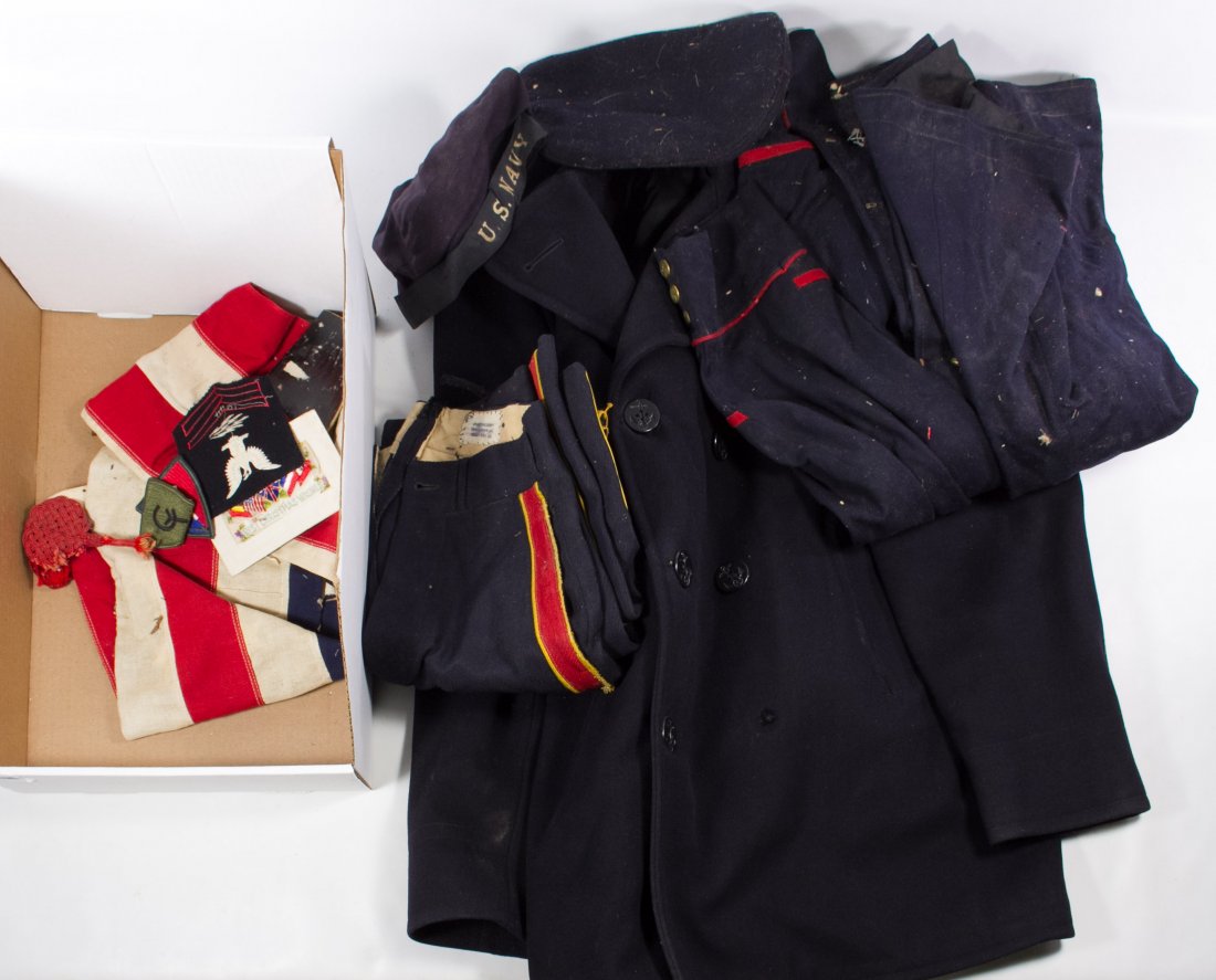 Korean War Era Uniform Assortment: Korean War Era Uniform Assortment Five items including two jackets, two hats and one pair of pants; together with a 48-star flag and a assortment of patches Length: 28.00 inches (jacket) Category: Mil