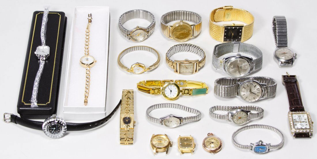 Wrist Watch Assortment: Wrist Watch Assortment Including nineteen wrist watches with examples from Cornell, Timex, Le Gran, Geneva and a 10k gold filled Wittnauer; together with an Esprit 15 jewel pendant watch Category: Jew