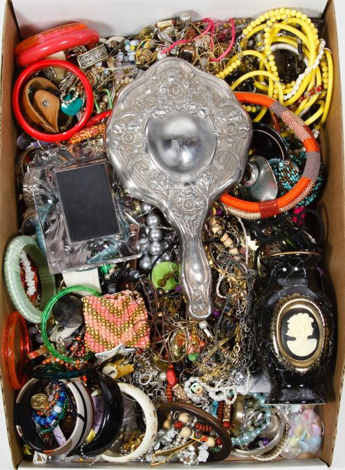 Costume Jewelry Assortment: Costume Jewelry Assortment Including a faux pearl necklace with '10KM' marked clasp, a 10k gold filled bezel Gruen ladies wrist watch; necklaces, earrings, bracelets; a Waterford crystal frame, a silv