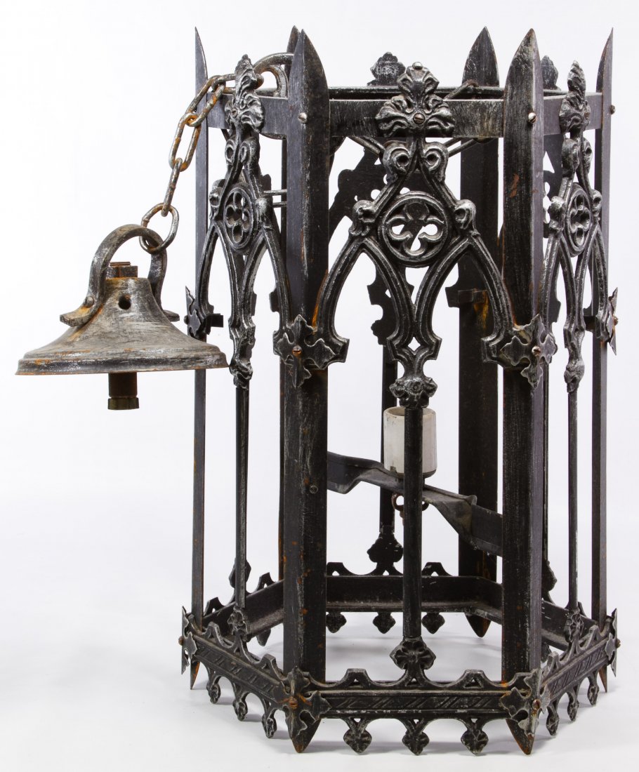 Cast Metal Gothic Electric Ceiling Lamp: Cast Metal Gothic Electric Ceiling Lamp c.1925, having a hexagonal body with Gothic arches and quatrefoil motifs, a ceramic electric light socket, a chain and ceiling cap Height: 34.00 inches, Diamete