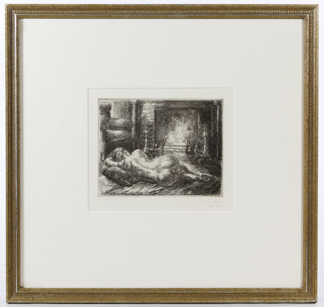 (After) John Sloan (American, 1871-1941) 'Nude on: (After) John Sloan (American, 1871-1941) 'Nude on Hearth' Etching Having a pencil signature lower right, depicting a nude female with a fireplace in the background Height: 7.00 inches, Width: 7.75 inc