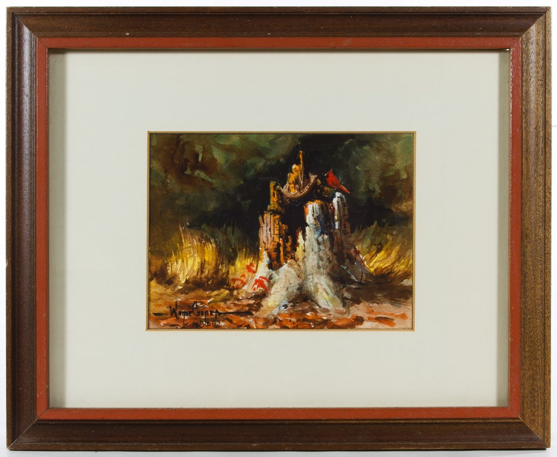 Wayne Cooper (American, b. 1942) Watercolor on Paper: Wayne Cooper (American, b. 1942) Watercolor on Paper 1995, signed lower left, depicting a bird on a tree stump Height: 6.00 inches, Width: 7.75 inches (paper by sight) Frame Size: 13.00 inches by 16.0